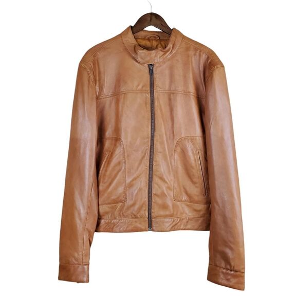 INFINITY LEATHER Mandarin Collar Retro Style Biker Leather Jacket Size L - Picture 1 of 16